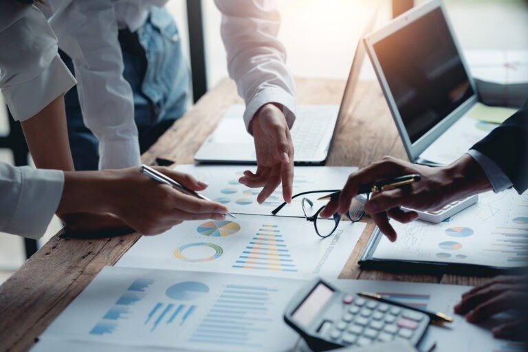 Business team meeting and presentation discuss and analyze finan