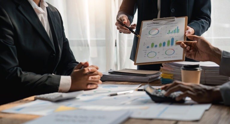 Business Consulting meeting working and brainstorming analyzing new business project finance investment concept