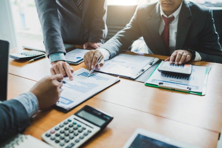 Teamwork process, business people working in the office discussi